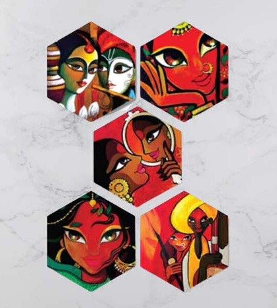Hexagonal Wooden Krishna Wall painting sticker
