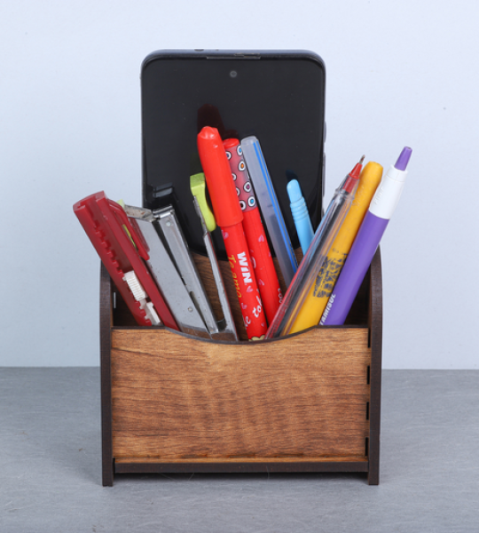Creative Pen Stand and Phone Stand||Brown Wood