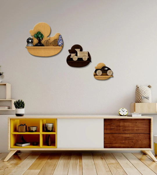 Duck Shape Wood Wall Shelf / Book Shelf,Walnut and Oak Finish