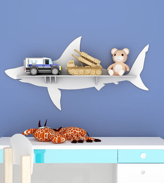 Shark Backlit Wood Wall Shelf / Book Shelf / Night Light, White Color, Brown Color